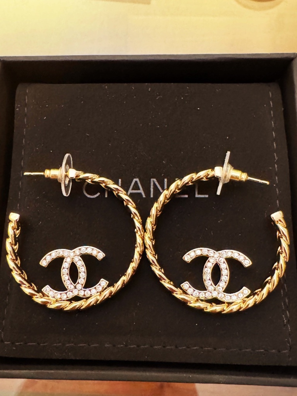 Limited Edition Classic Chanel CC Logo Gold Strass Crystal Hoop Earrings